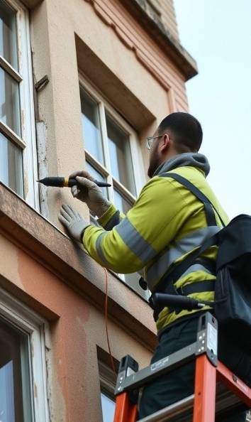 Technician re-caulking an old building window frame for waterproofing repair.