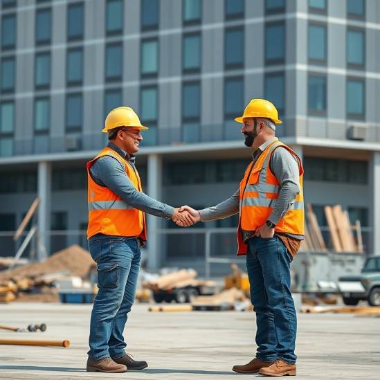 Professional contractors shaking hands on a commercial jobsite, showcasing teamwork and reliability.